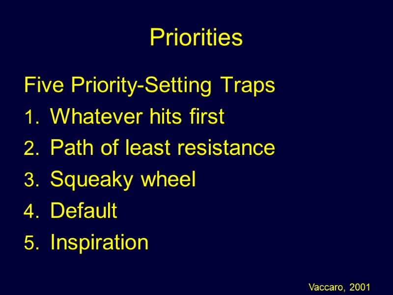 Priorities Five Priority-Setting Traps Whatever hits first Path of least resistance Squeaky wheel Default